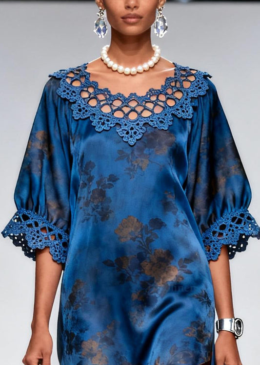 Women Blue Print Patchwork Hollow Out Silk Maxi Dress Summer