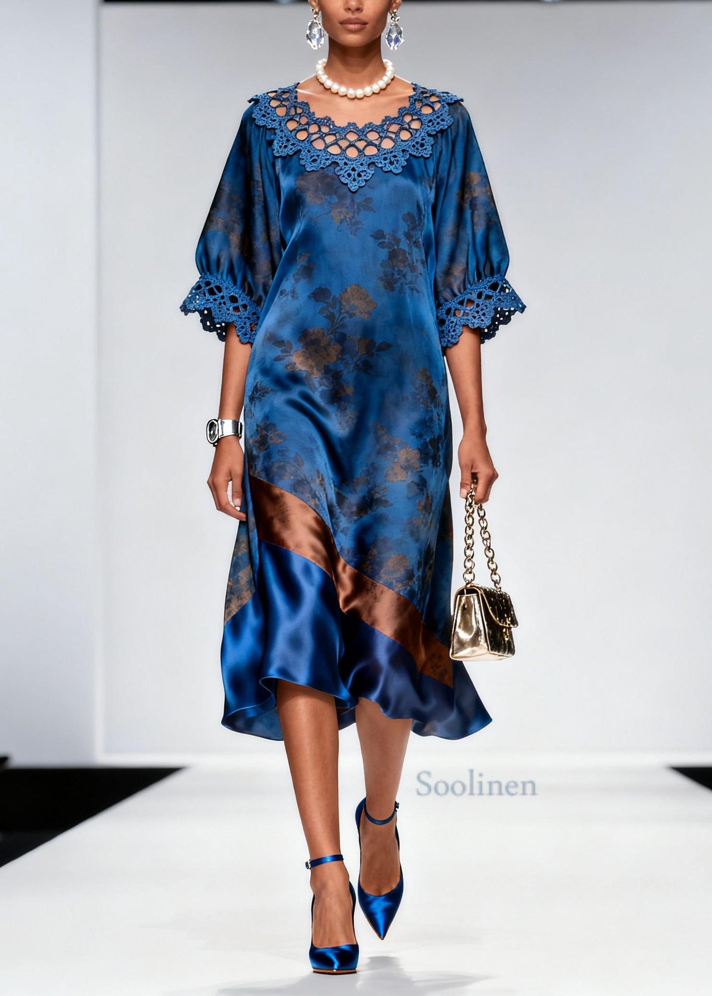 Women Blue Print Patchwork Hollow Out Silk Maxi Dress Summer