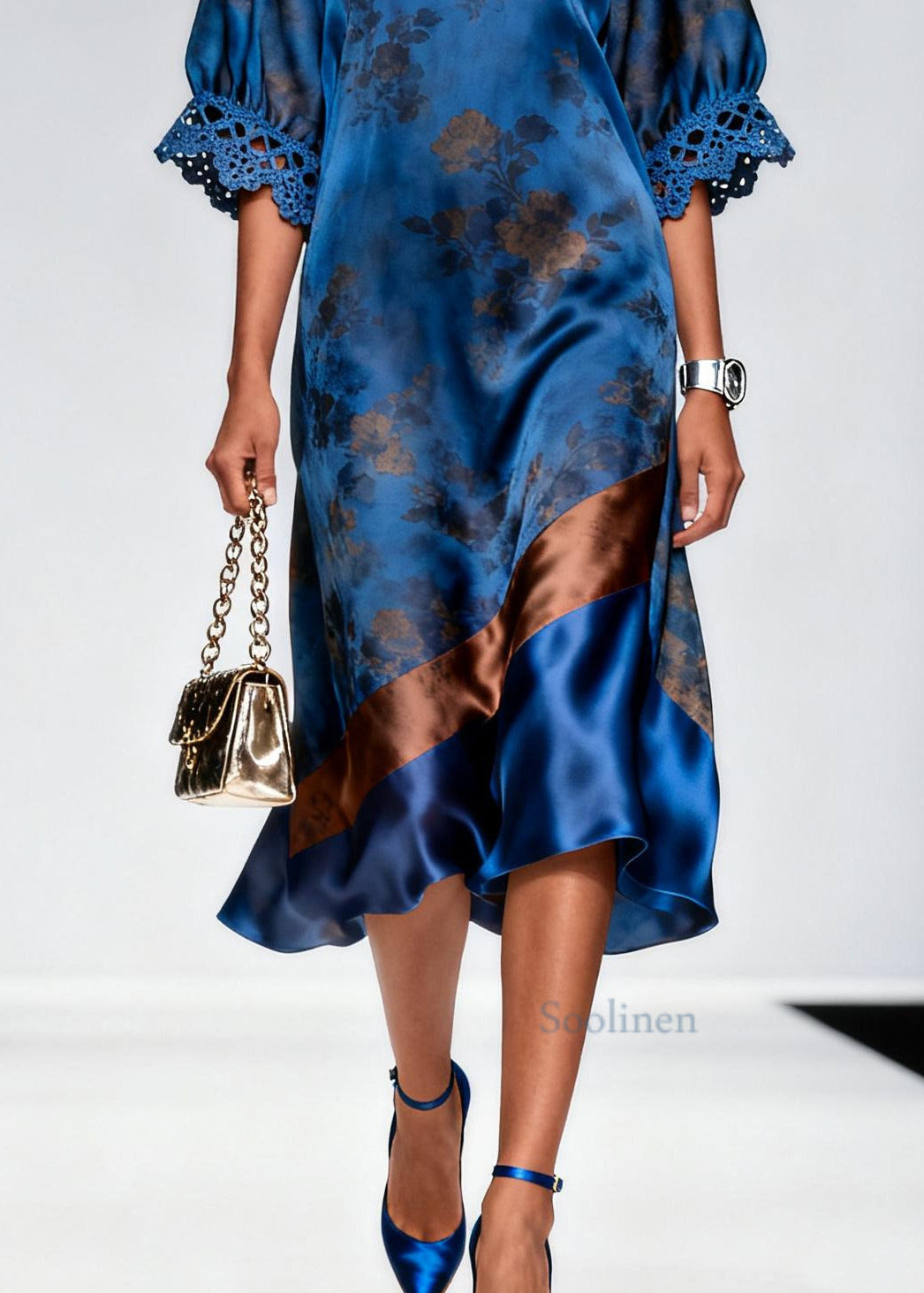 Women Blue Print Patchwork Hollow Out Silk Maxi Dress Summer