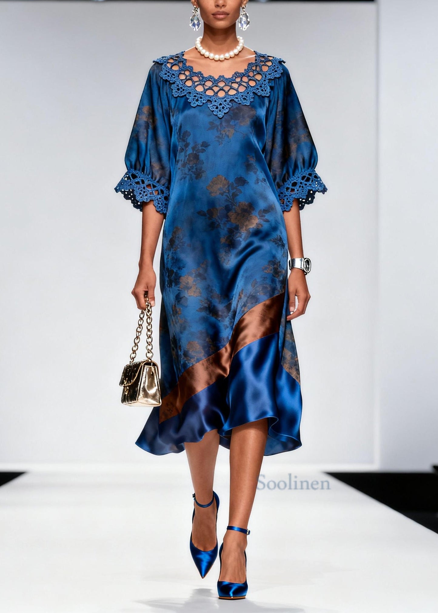 Women Blue Print Patchwork Hollow Out Silk Maxi Dress Summer