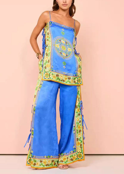 Women Blue Print Patchwork Tasseel Top And Wide Leg Pants Two Pieces Set Summer