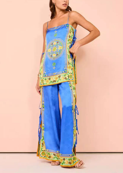 Women Blue Print Patchwork Tasseel Top And Wide Leg Pants Two Pieces Set Summer