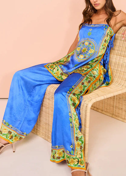 Women Blue Print Patchwork Tasseel Top And Wide Leg Pants Two Pieces Set Summer
