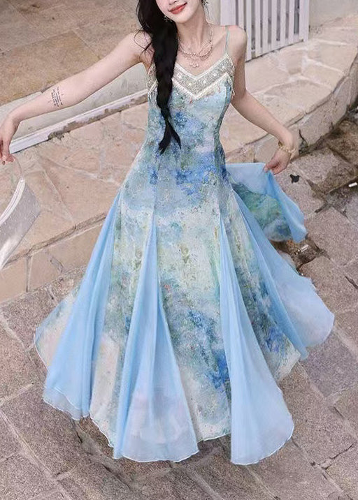Women Blue Print Patchwork Tulle Long Dress Summer