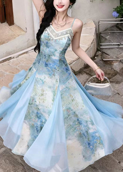 Women Blue Print Patchwork Tulle Long Dress Summer