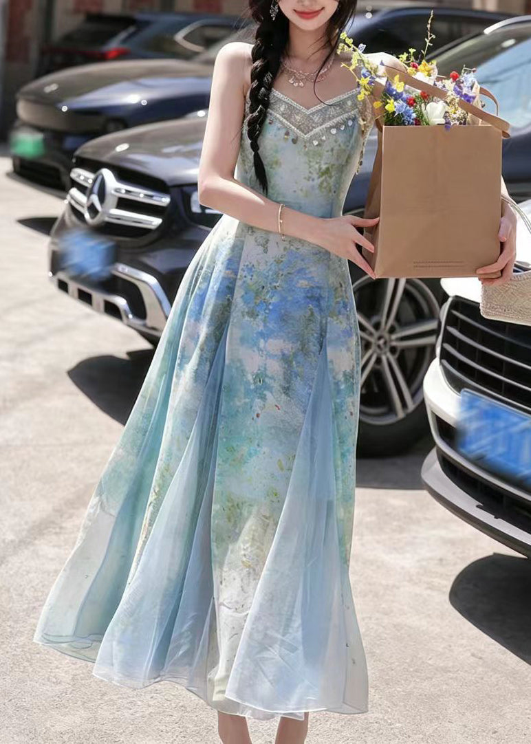 Women Blue Print Patchwork Tulle Long Dress Summer