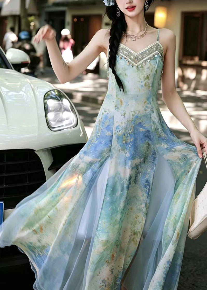 Women Blue Print Patchwork Tulle Long Dress Summer