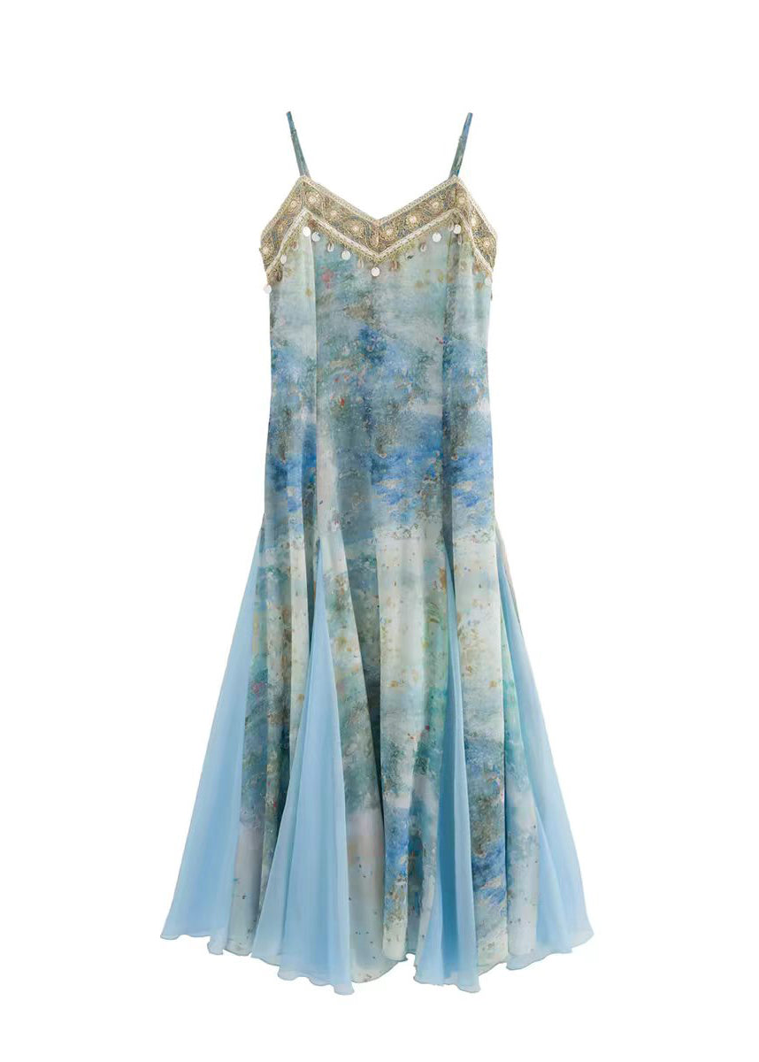 Women Blue Print Patchwork Tulle Long Dress Summer