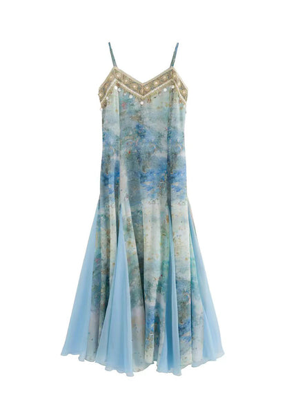 Women Blue Print Patchwork Tulle Long Dress Summer