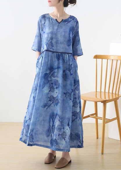 Women Blue Print Pockets Holiday Summer Linen Dress - SooLinen