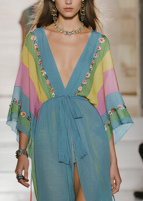 Women Blue Print Side Open Chiffon Long Dress Summer