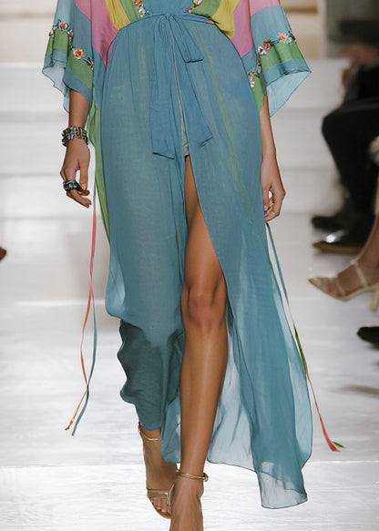 Women Blue Print Side Open Chiffon Long Dress Summer