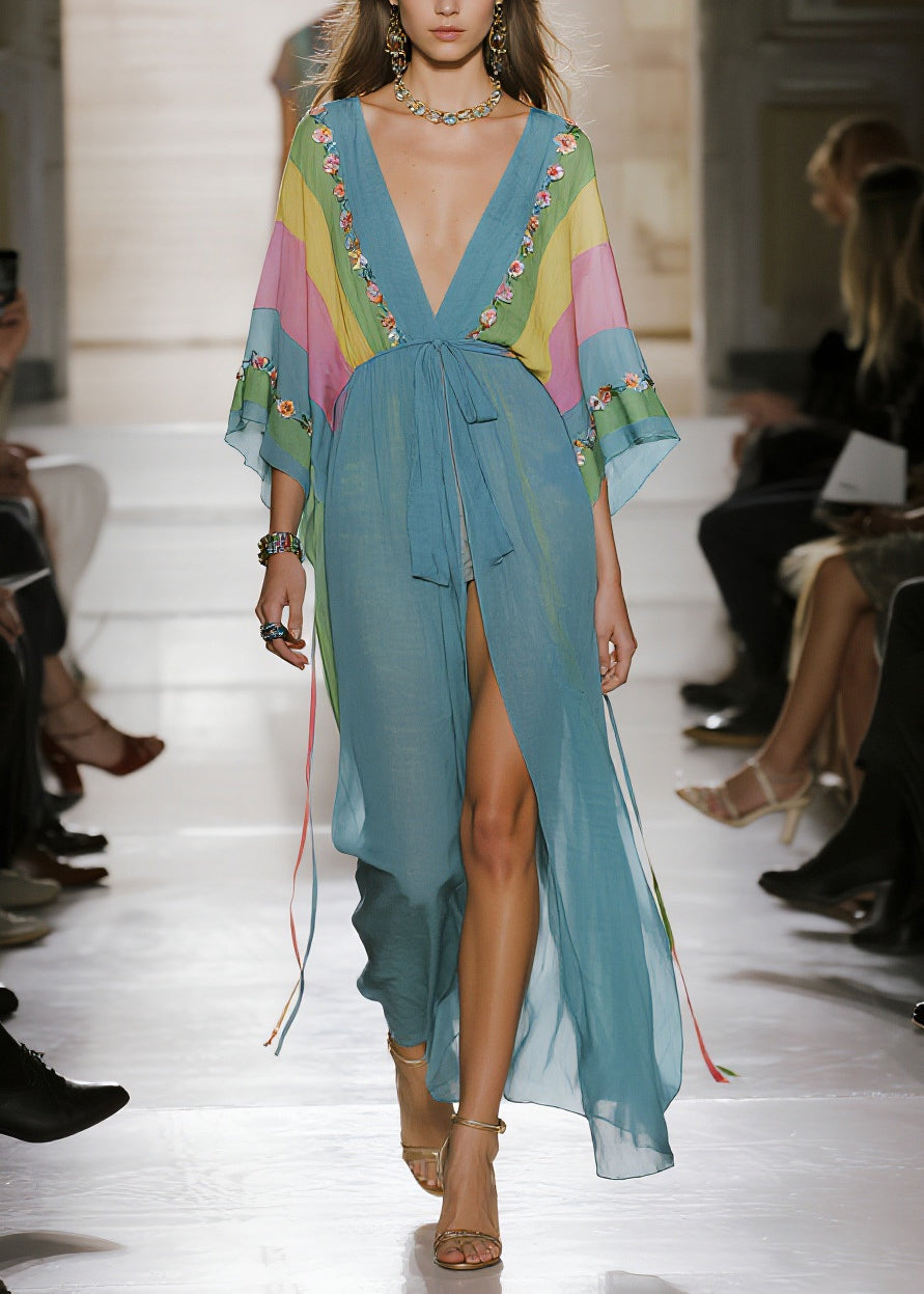 Women Blue Print Side Open Chiffon Long Dress Summer