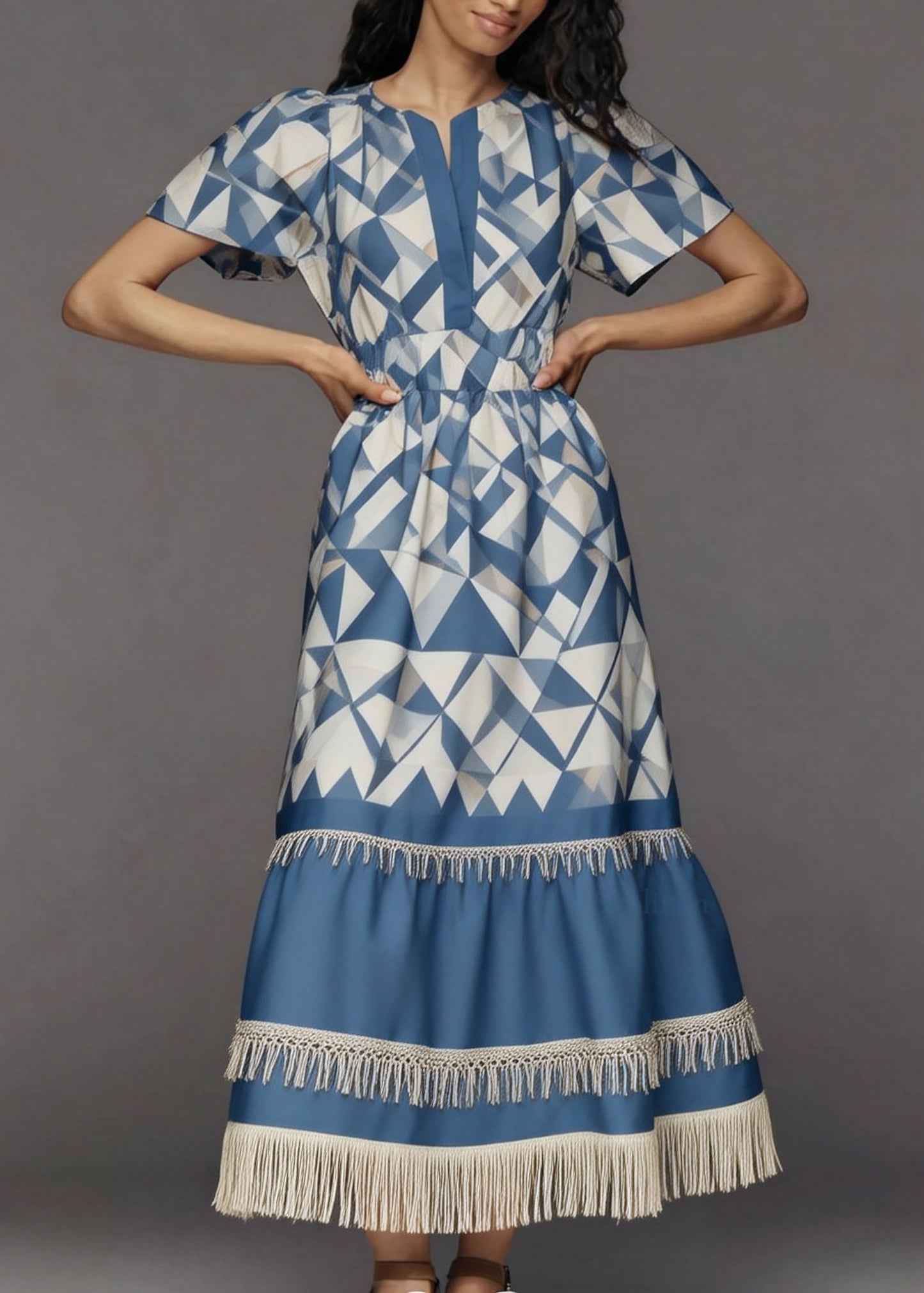 Women Blue Print Tasseled Patchwork Cotton Long Dresses Summer