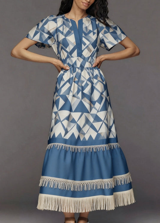 Women Blue Print Tasseled Patchwork Cotton Long Dresses Summer