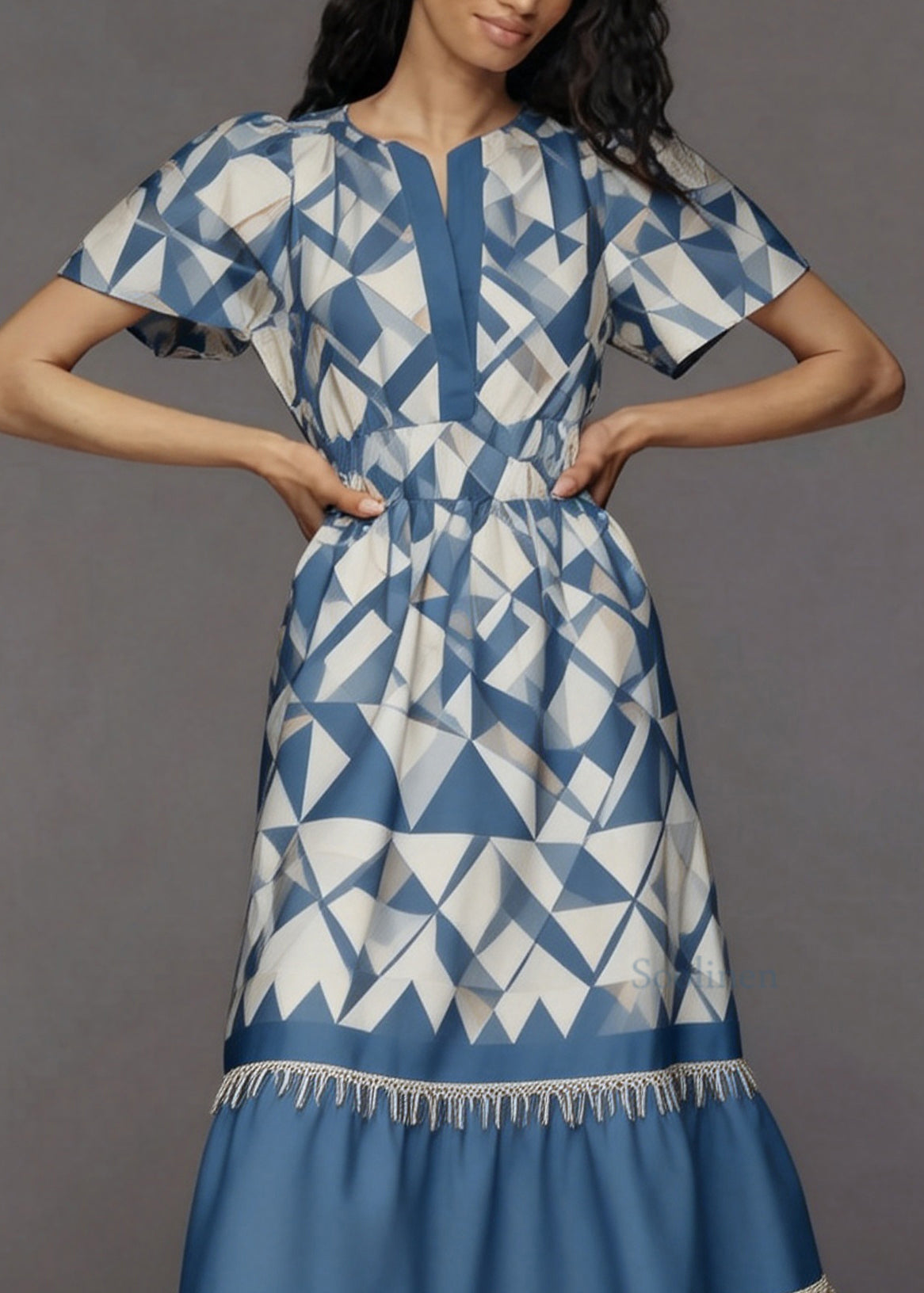 Women Blue Print Tasseled Patchwork Cotton Long Dresses Summer