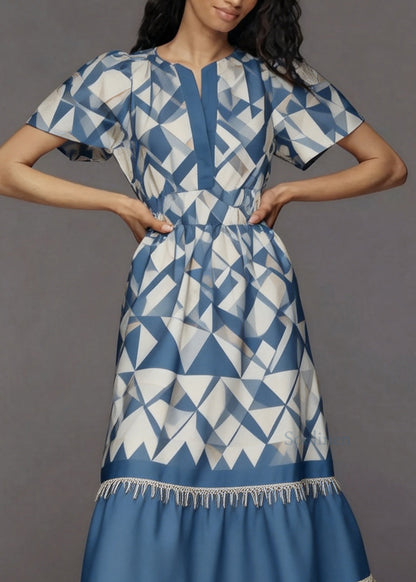 Women Blue Print Tasseled Patchwork Cotton Long Dresses Summer