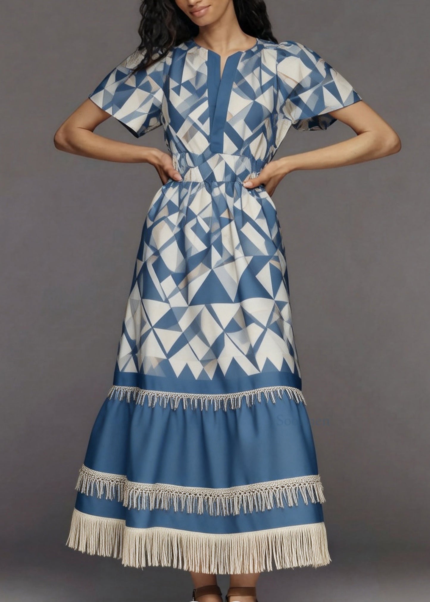 Women Blue Print Tasseled Patchwork Cotton Long Dresses Summer
