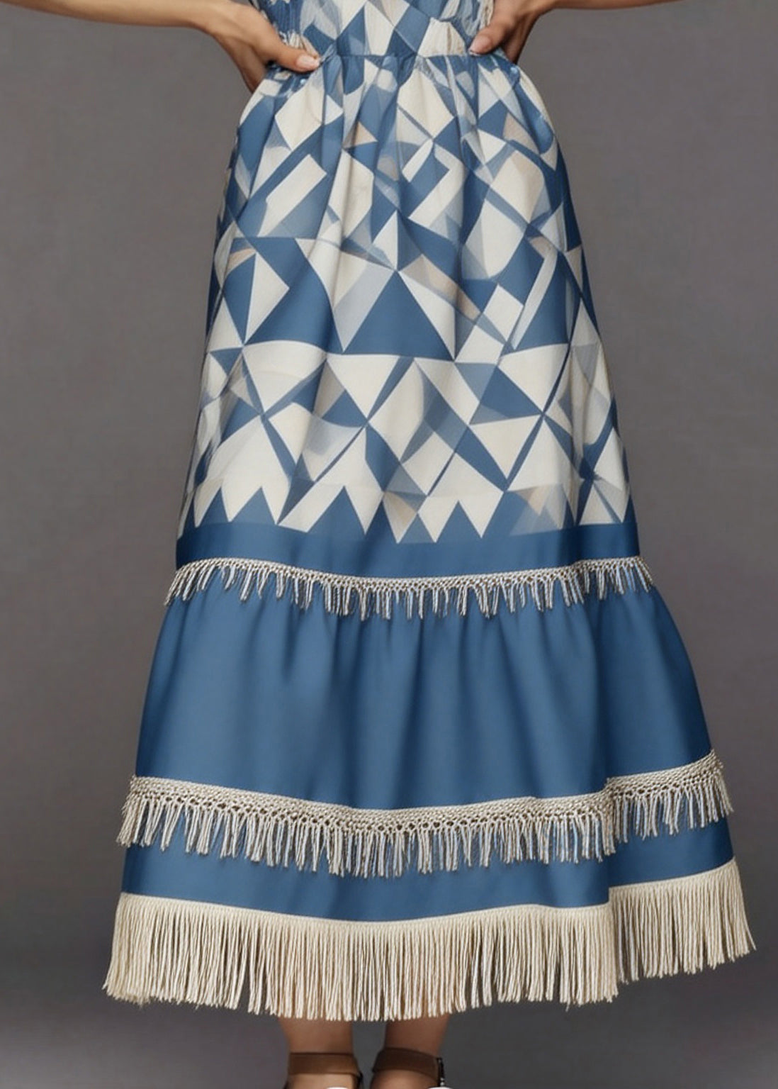 Women Blue Print Tasseled Patchwork Cotton Long Dresses Summer