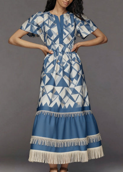 Women Blue Print Tasseled Patchwork Cotton Long Dresses Summer
