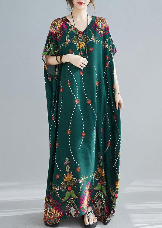 Women Blue Print Tunic Top V Neck Plus Size Spring Dresses - SooLinen