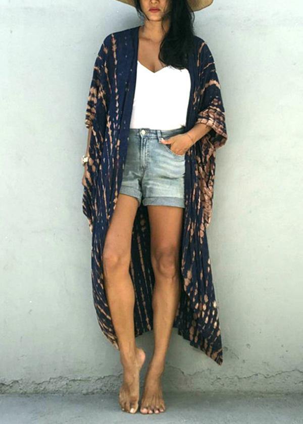 Women Blue Print low high design kimono robe Cotton Long Loose cardigans - SooLinen