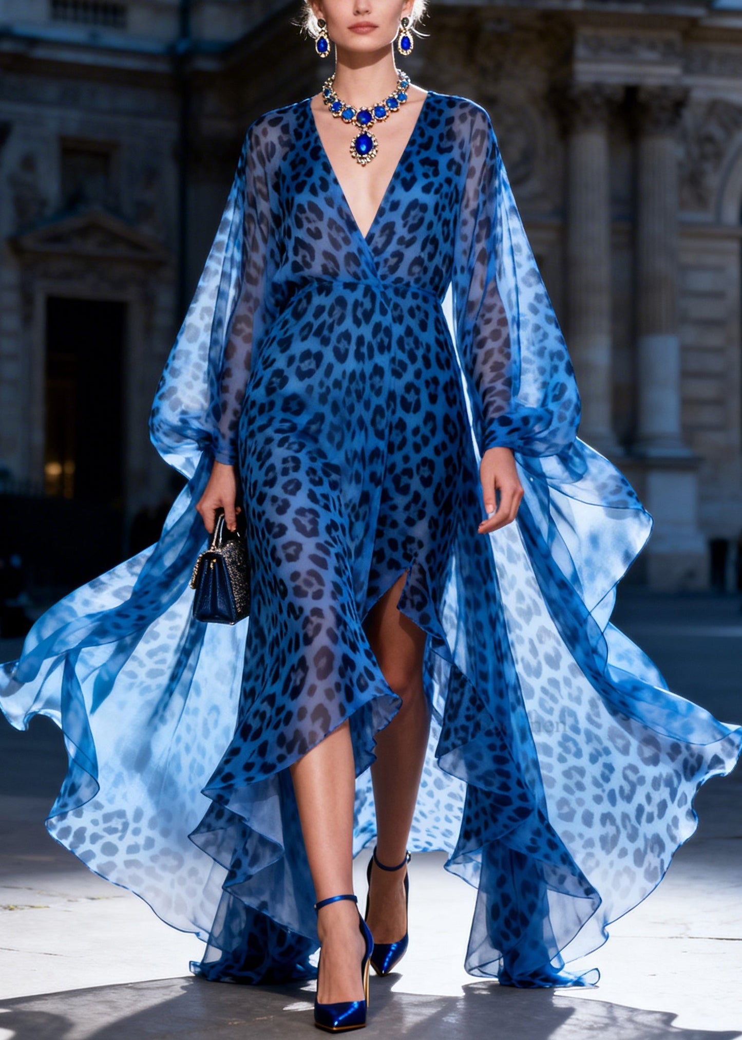 Women Blue Ruffled Asymmetrical Design Leopard Print Chiffon Dresses Summer