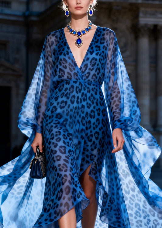 Women Blue Ruffled Asymmetrical Design Leopard Print Chiffon Dresses Summer