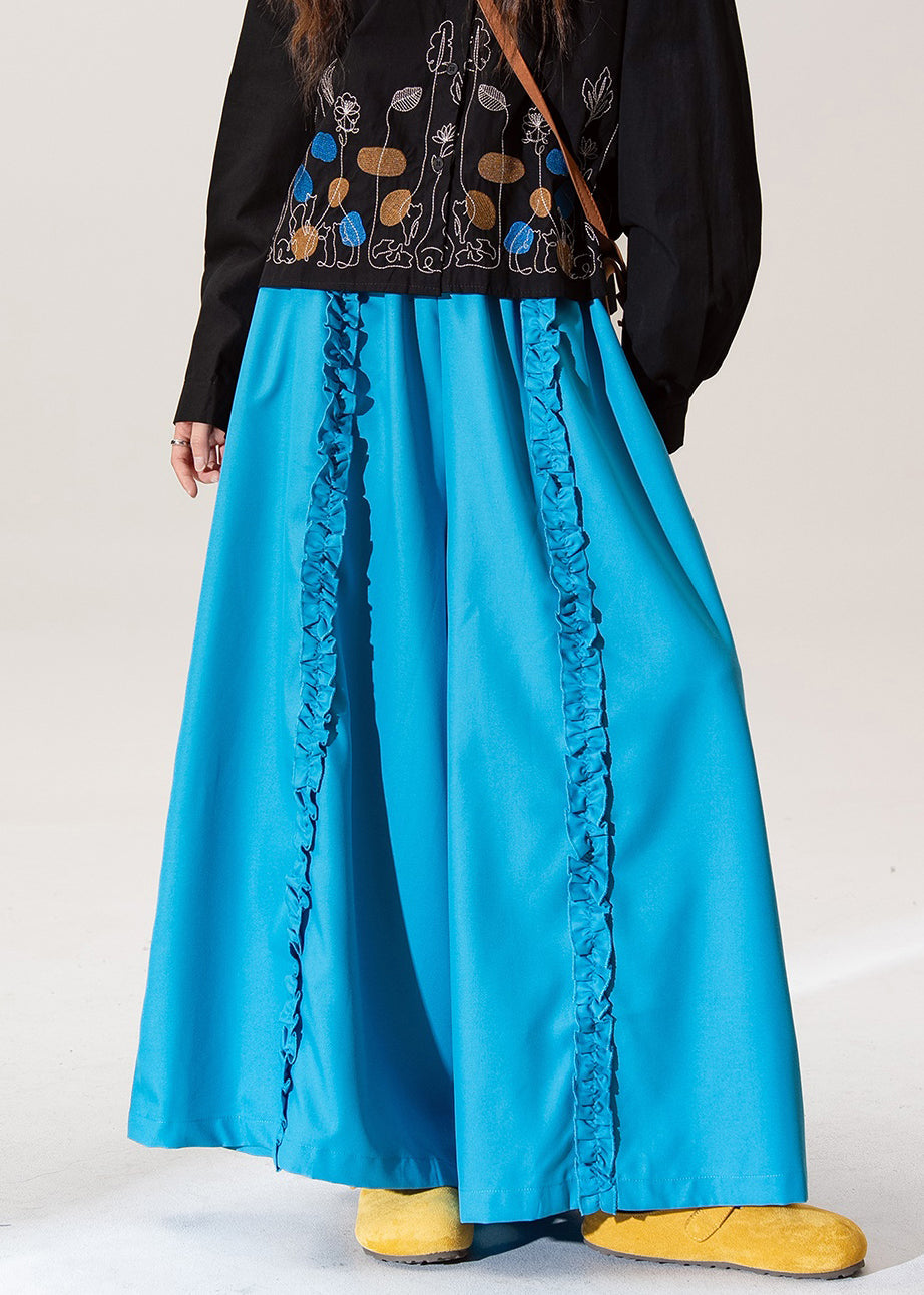 Pantalones de algodón con cintura elástica y volantes azules para mujer, primavera