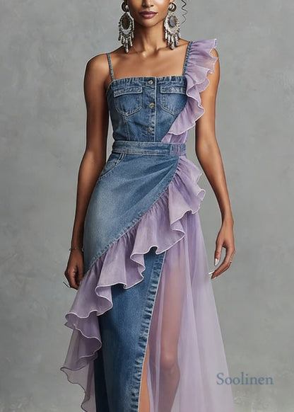 Women Blue Ruffled Patchwork Denim Spaghetti Strap Dress Summer