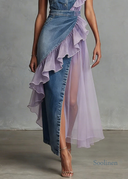 Women Blue Ruffled Patchwork Denim Spaghetti Strap Dress Summer
