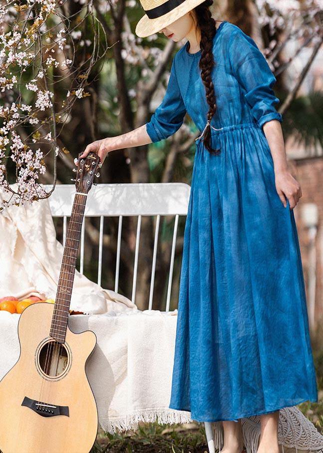 Women Blue Ruffled Pockets Party Summer Linen Dress - SooLinen