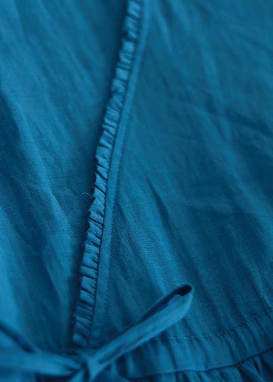 Women Blue Ruffled Pockets Party Summer Linen Dress - SooLinen