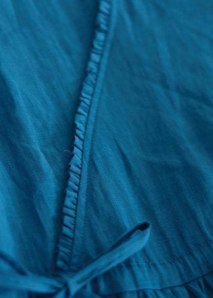 Women Blue Ruffled Pockets Party Summer Linen Dress - SooLinen