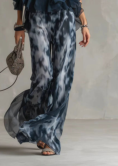 Women Blue Ruffled Print Chiffon Two Piece Set Clothing Sleeveless