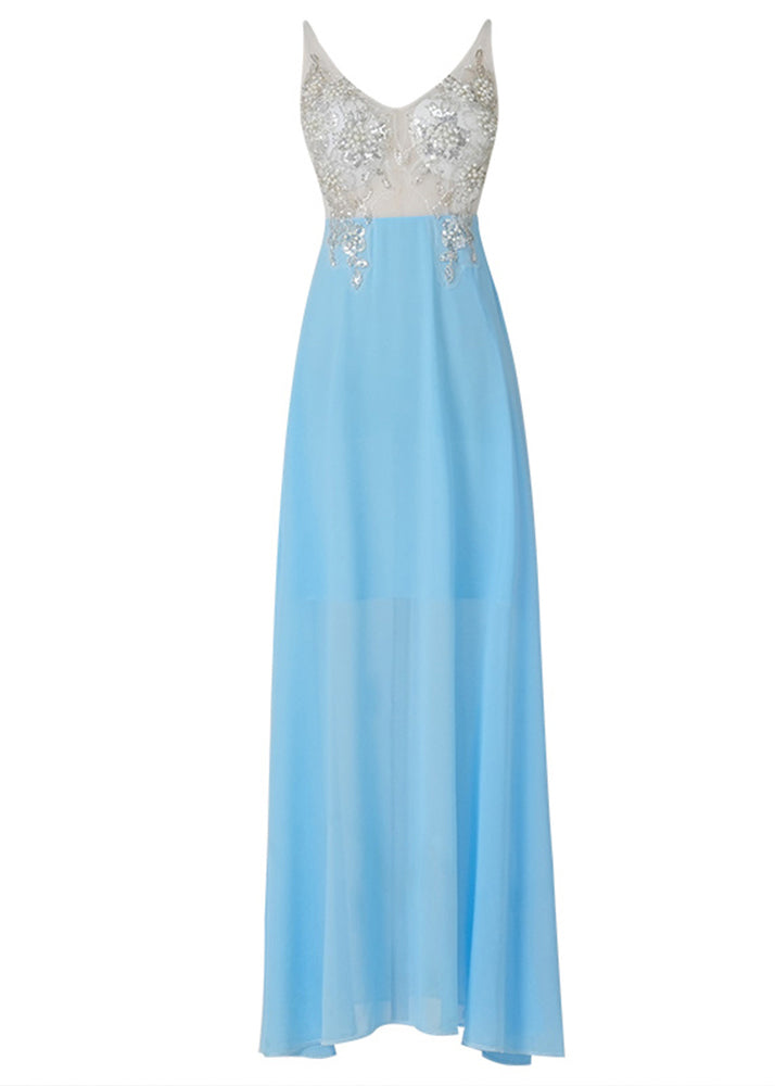 Women Blue Sequins Patchwork Chiffon Long Dress Summer