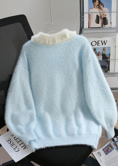 Women Blue Snowman Fuzzy Ball Decorated Knit Sweater Winter