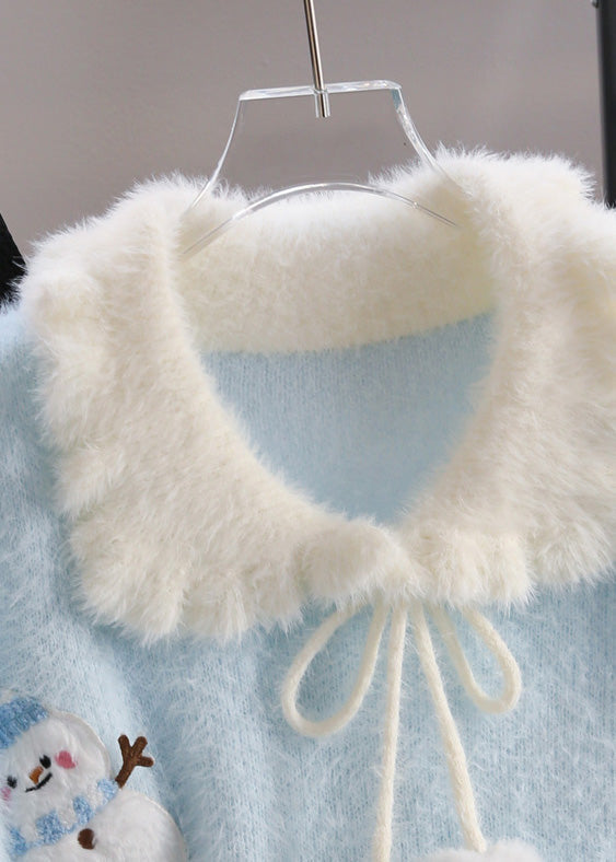 Women Blue Snowman Fuzzy Ball Decorated Knit Sweater Winter