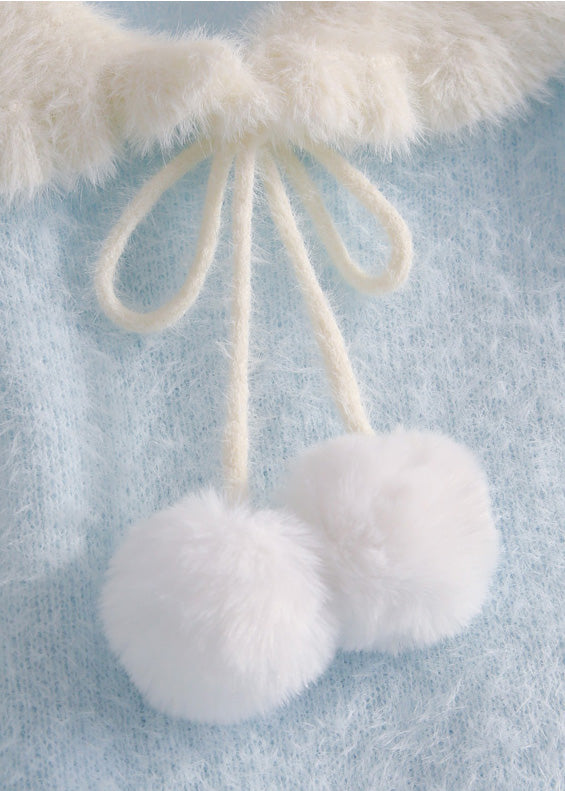 Women Blue Snowman Fuzzy Ball Decorated Knit Sweater Winter