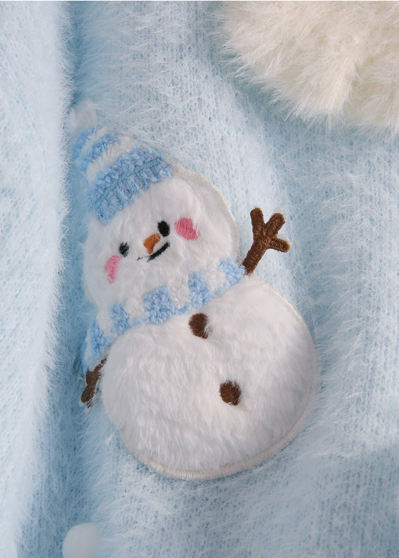 Women Blue Snowman Fuzzy Ball Decorated Knit Sweater Winter