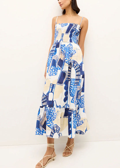Women Blue Square Collar Print Long Spaghetti Strap Dress Sleeveless