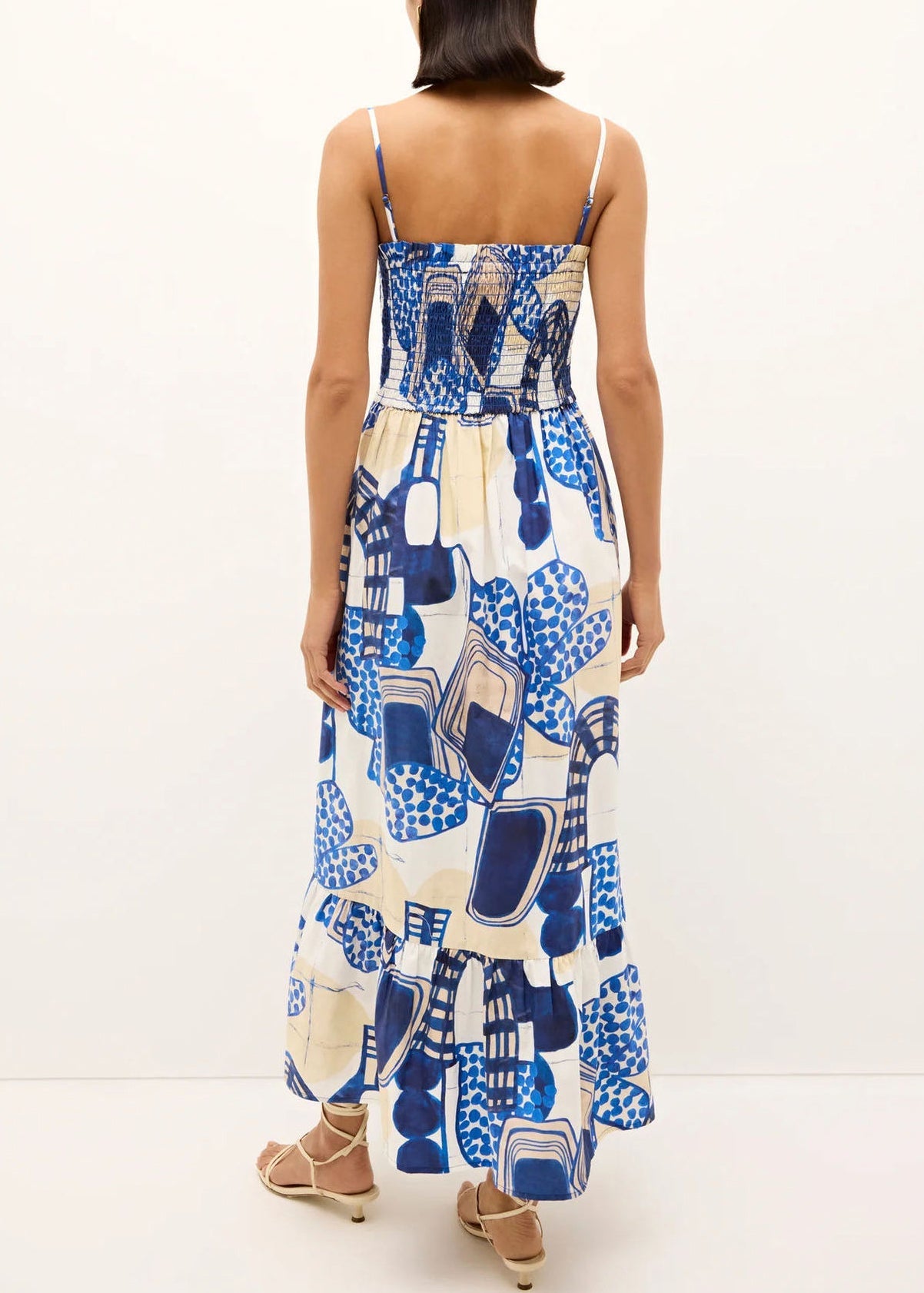 Women Blue Square Collar Print Long Spaghetti Strap Dress Sleeveless