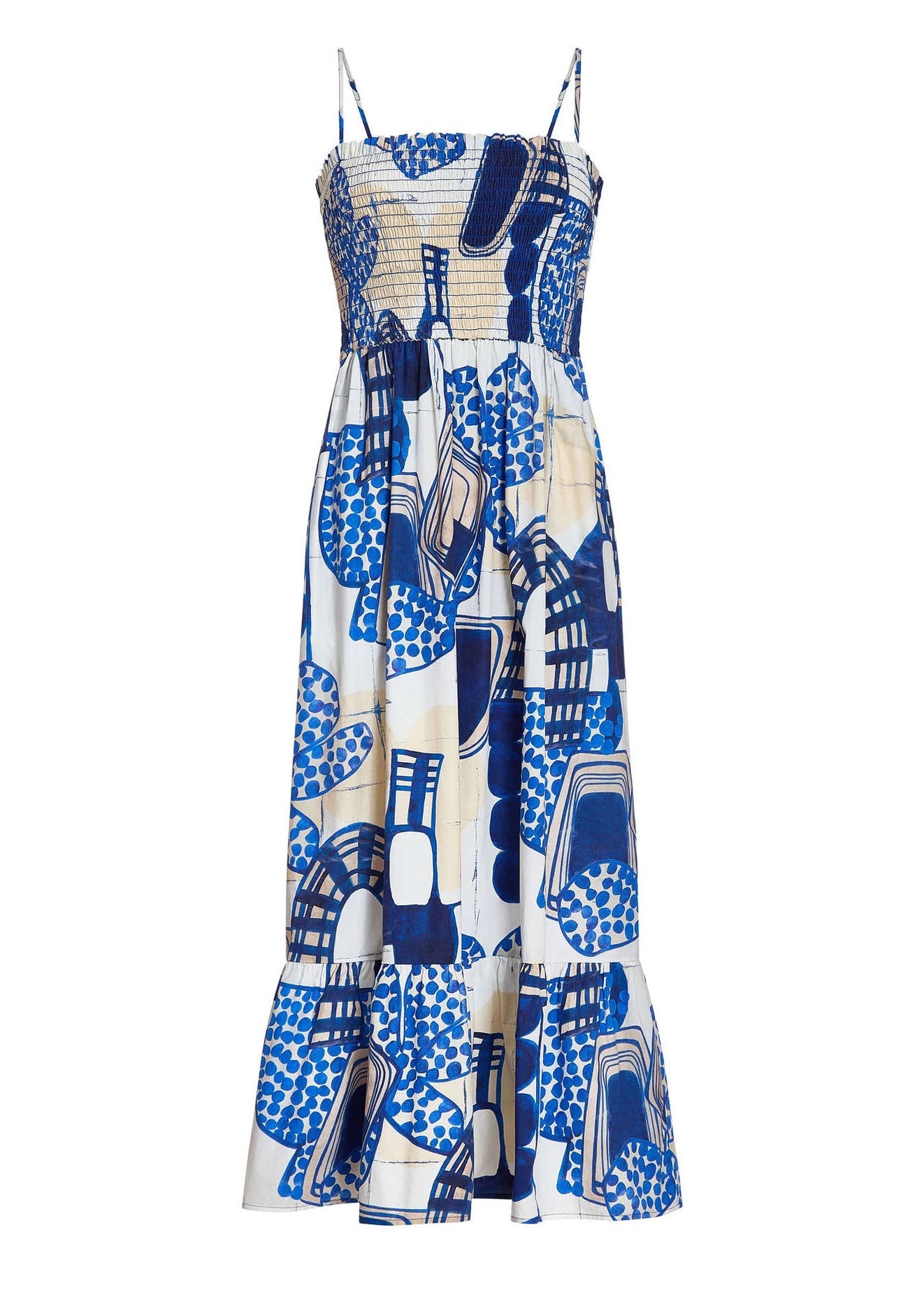 Women Blue Square Collar Print Long Spaghetti Strap Dress Sleeveless