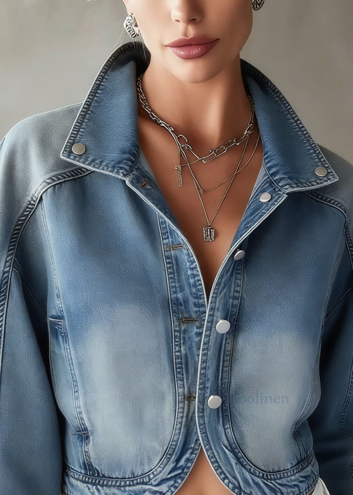 Women Blue Stand Collar Button Patchwork Denim Coat Spring
