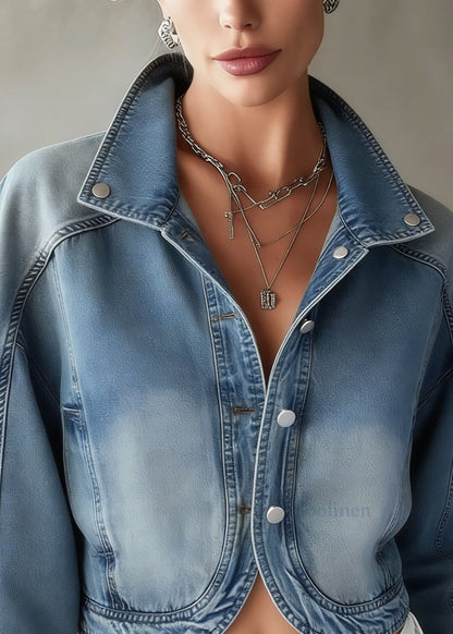Women Blue Stand Collar Button Patchwork Denim Coat Spring