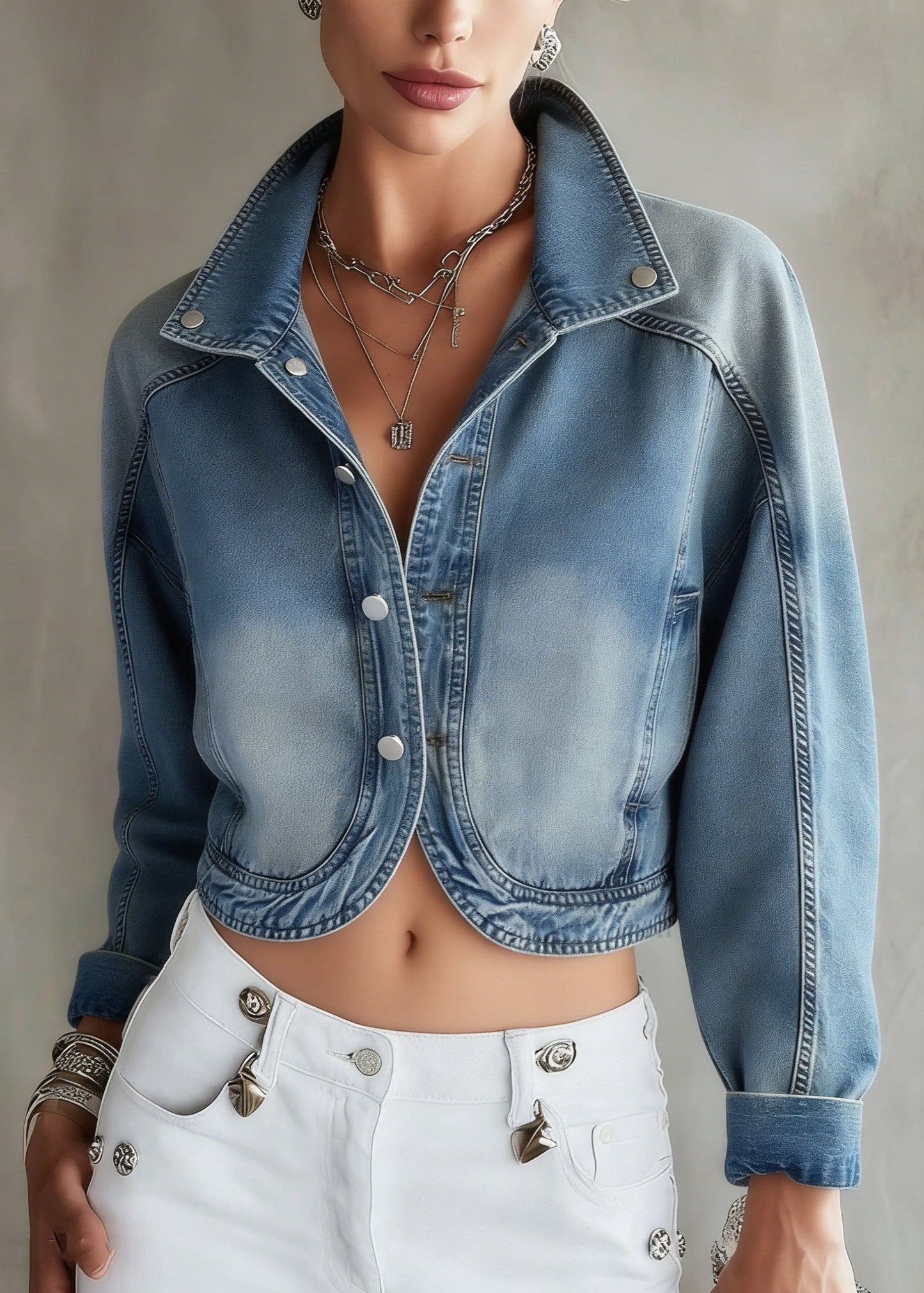 Women Blue Stand Collar Button Patchwork Denim Coat Spring
