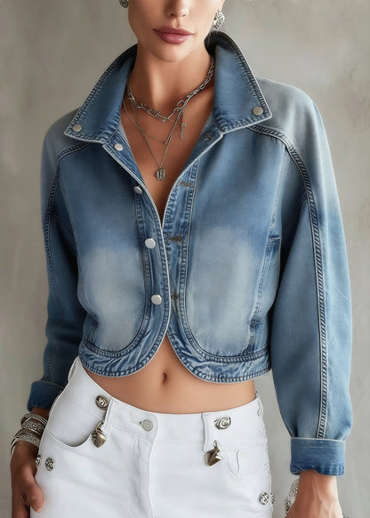 Women Blue Stand Collar Button Patchwork Denim Coat Spring