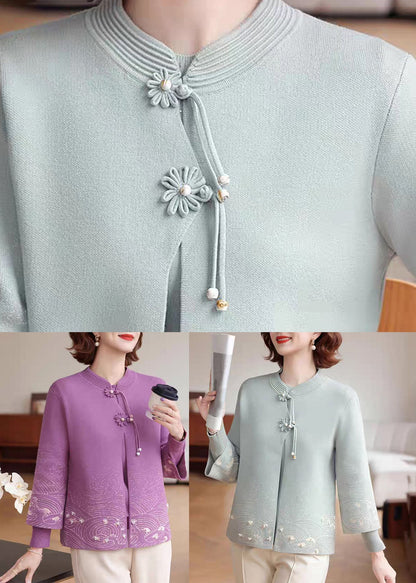 Abrigo de punto de algodón con cuello alto azul para mujer, manga tres cuartos