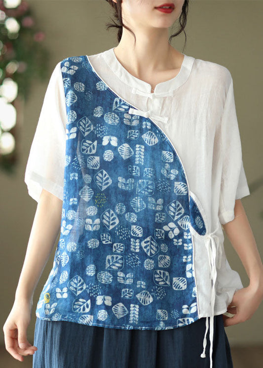 Camisa de lino con cuello alto y estampado de patchwork para mujer, color azul, para verano
