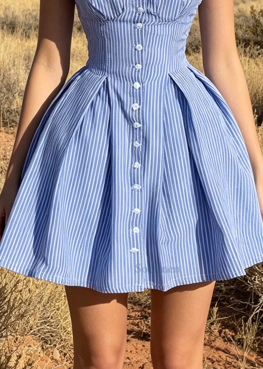 Women Blue Striped Button Down Cotton Sundress Summer